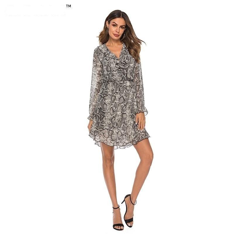 Snake Skin Print A-line Ruffle  V Neck Mini Dress - TeresaCollections