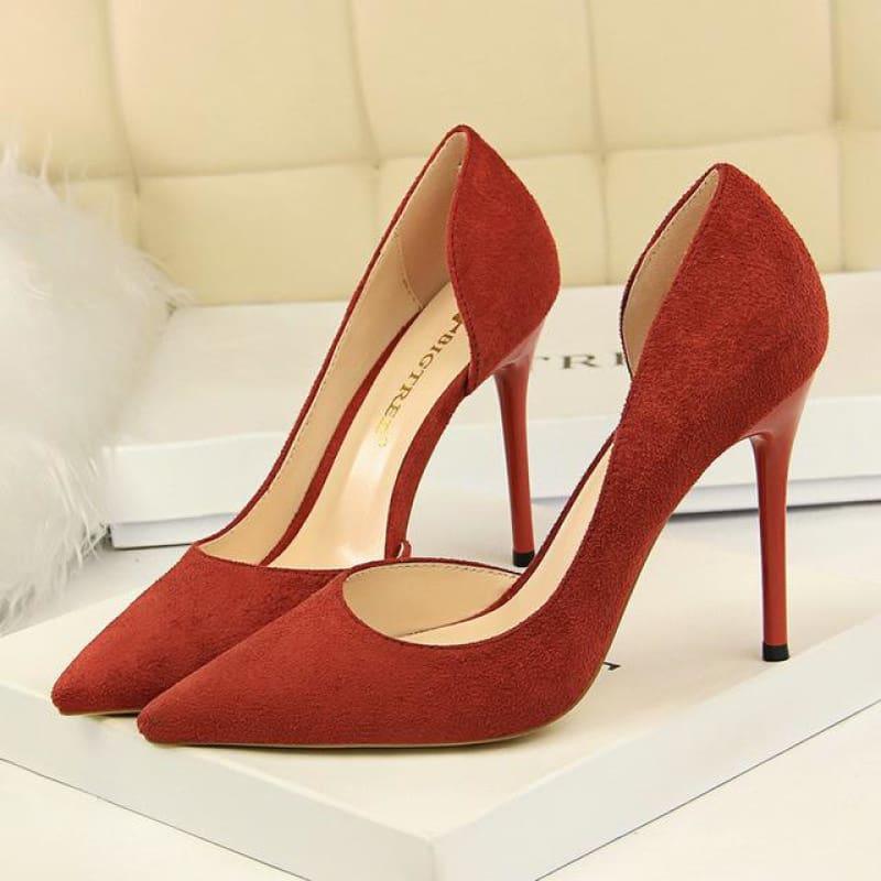 Solid Color Pointed Toe Flock Pumps - Orange / 3 - pumps