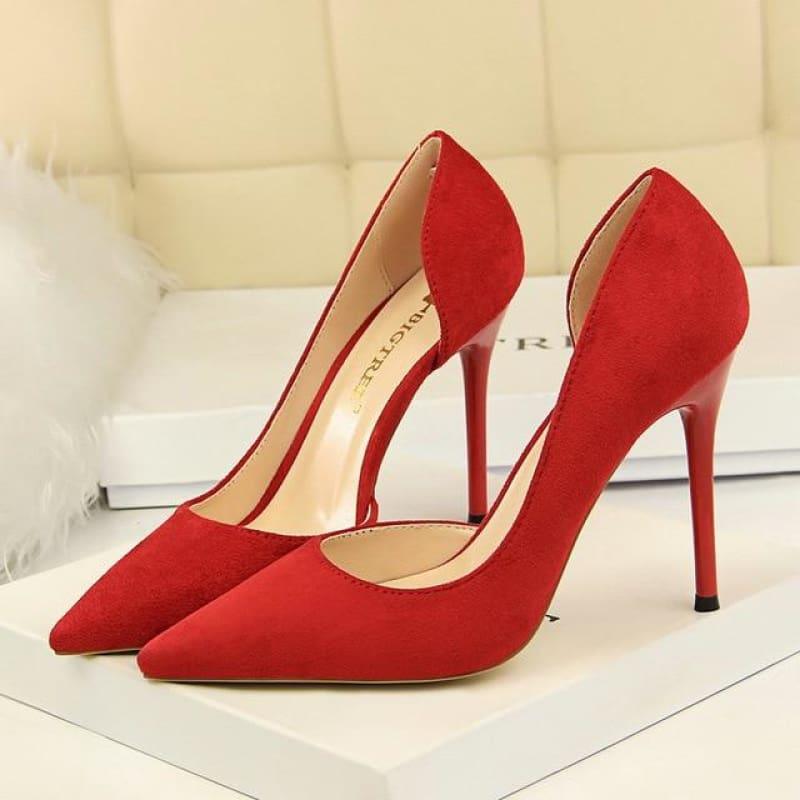 Solid Color Pointed Toe Flock Pumps - Red / 3 - pumps