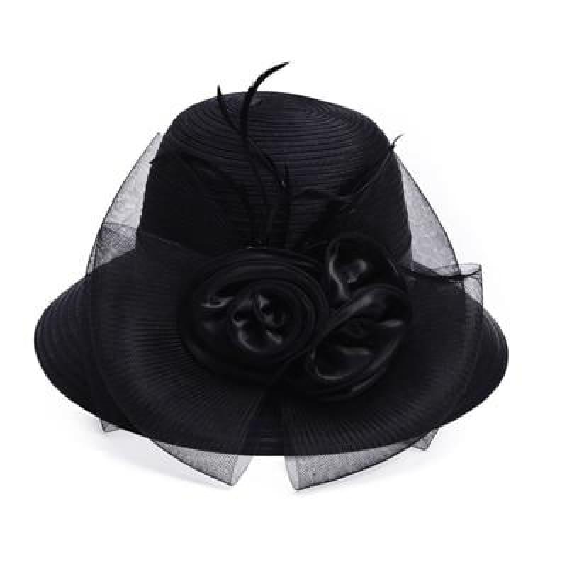 Solid Satin Feather Floral Wide Brim Sun Kentucky Derby Style Church Tea Party Floppy Hat - Black / China - Hats