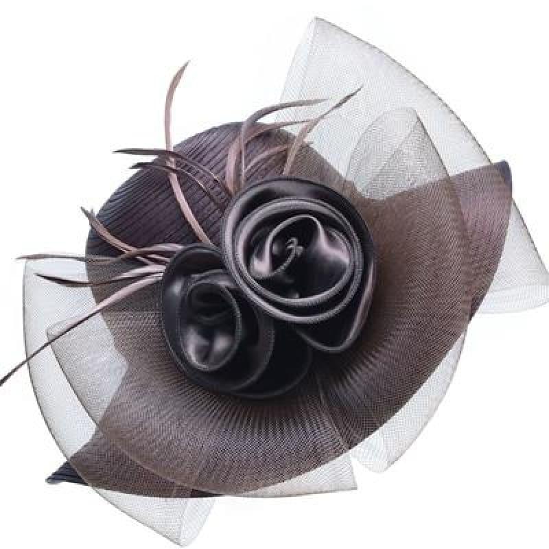 Solid Satin Feather Floral Wide Brim Sun Kentucky Derby Style Church Tea Party Floppy Hat - Brown / China - Hats