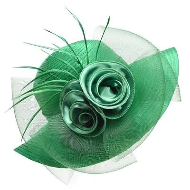 Solid Satin Feather Floral Wide Brim Sun Kentucky Derby Style Church Tea Party Floppy Hat - Dark Green / China - Hats