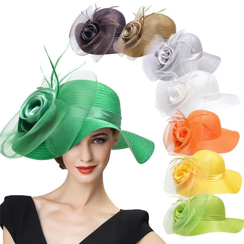 Solid Satin Feather Floral Wide Brim Sun Kentucky Derby Style Church Tea Party Floppy Hat - Hats