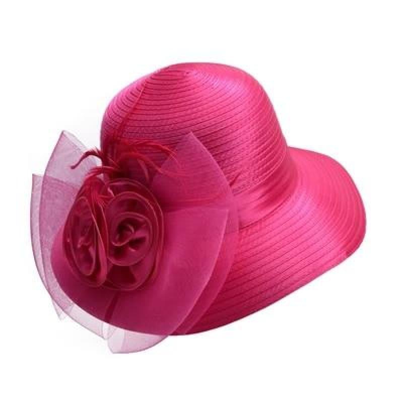 Solid Satin Feather Floral Wide Brim Sun Kentucky Derby Style Church Tea Party Floppy Hat - Hot Pink / China - Hats