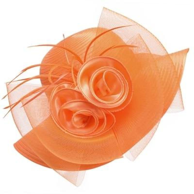 Solid Satin Feather Floral Wide Brim Sun Kentucky Derby Style Church Tea Party Floppy Hat - Orange / China - Hats