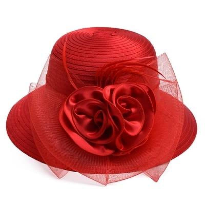 Solid Satin Feather Floral Wide Brim Sun Kentucky Derby Style Church Tea Party Floppy Hat - Red / China - Hats