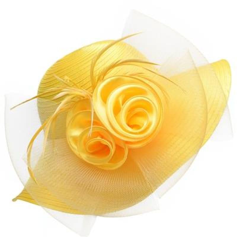 Solid Satin Feather Floral Wide Brim Sun Kentucky Derby Style Church Tea Party Floppy Hat - Yellow / China - Hats