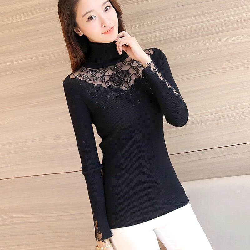 Solid Turtleneck Lace Knitted Pullovers Winter Fashion Sweater - Black / One Size - women Sweater