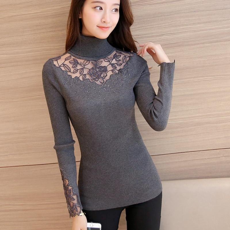 Solid Turtleneck Lace Knitted Pullovers Winter Fashion Sweater - Gray / One Size - women Sweater