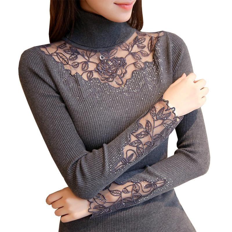 Solid Turtleneck Lace Knitted Pullovers Winter Fashion Sweater - women Sweater