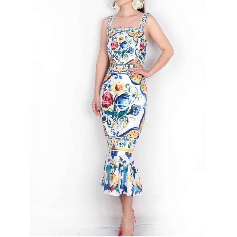 Spaghetti Strap Luxury Porcelain Print Silk Trumpet Sheath Mid-Calf Square Collar Midi Dress - Blue / S - Midi dress