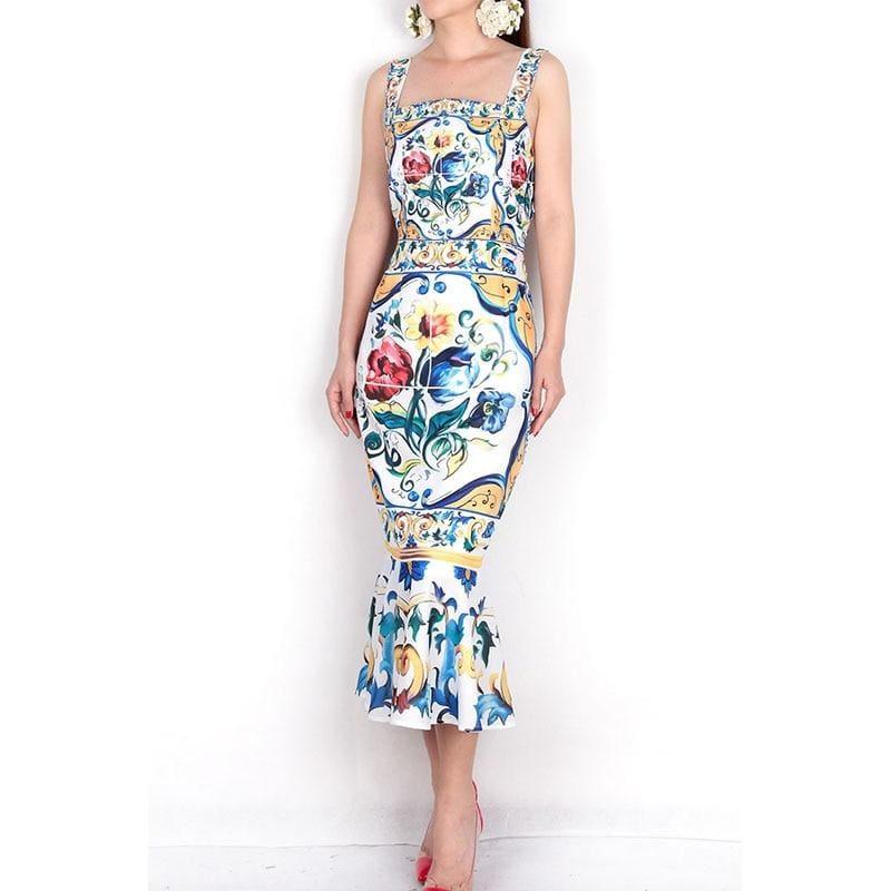 Spaghetti Strap Luxury Porcelain Print Silk Trumpet Sheath Mid-Calf Square Collar Midi Dress - Midi dress