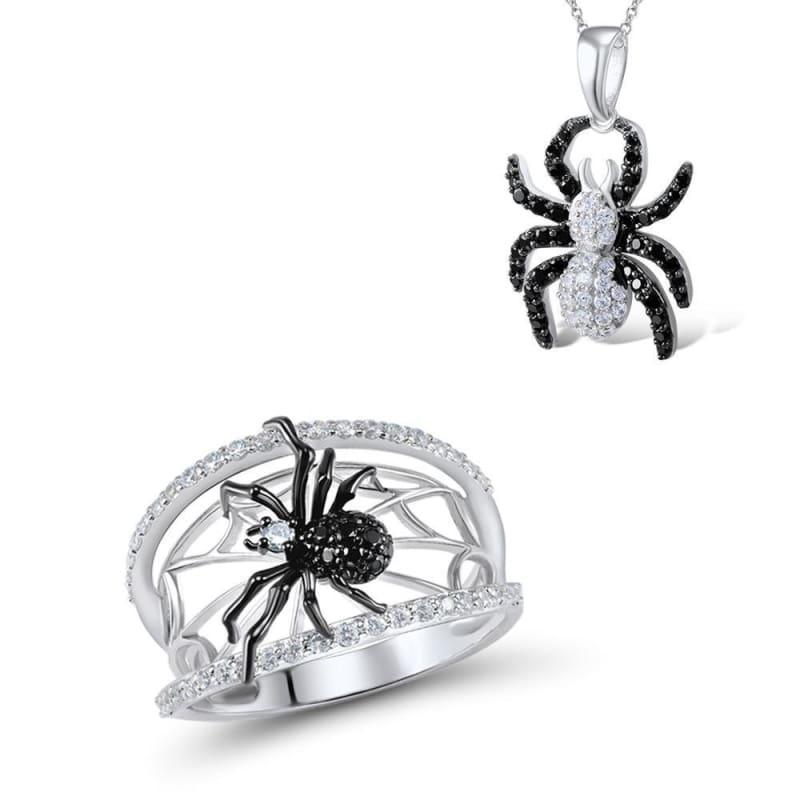 Spider Natural Black Stones Ring Pendant Set Genuine 925 Sterling Silver Fashion Chic Jewelry Set - 6 - Jewelry Set