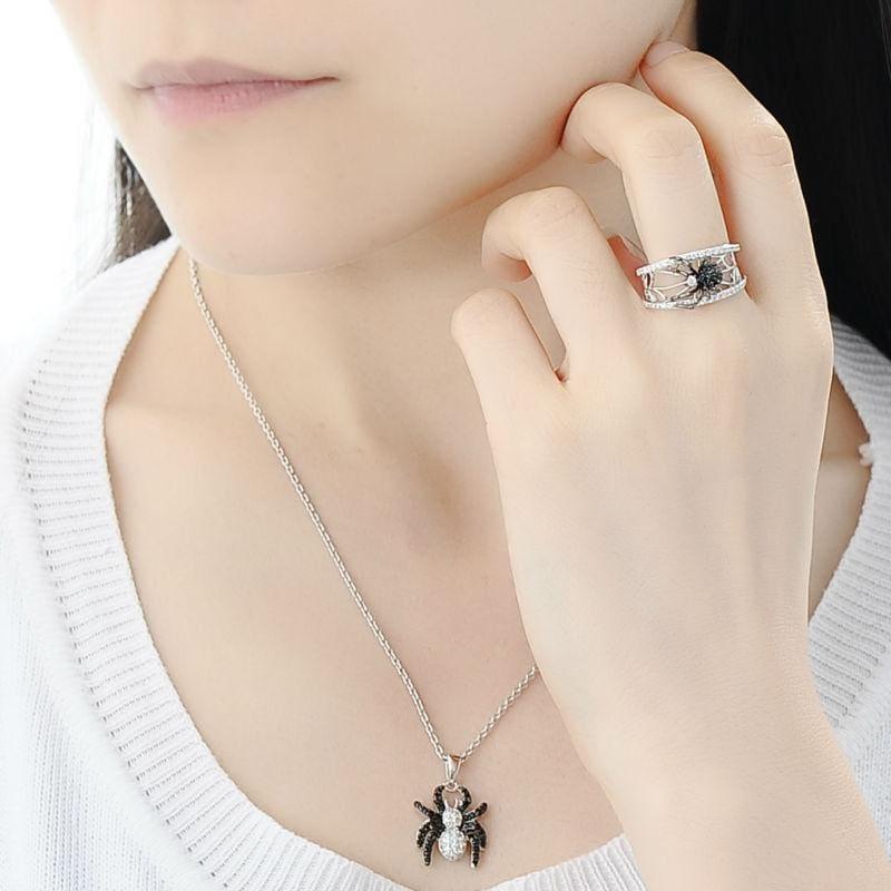 Spider Natural Black Stones Ring Pendant Set Genuine 925 Sterling Silver Fashion Chic Jewelry Set - Jewelry Set