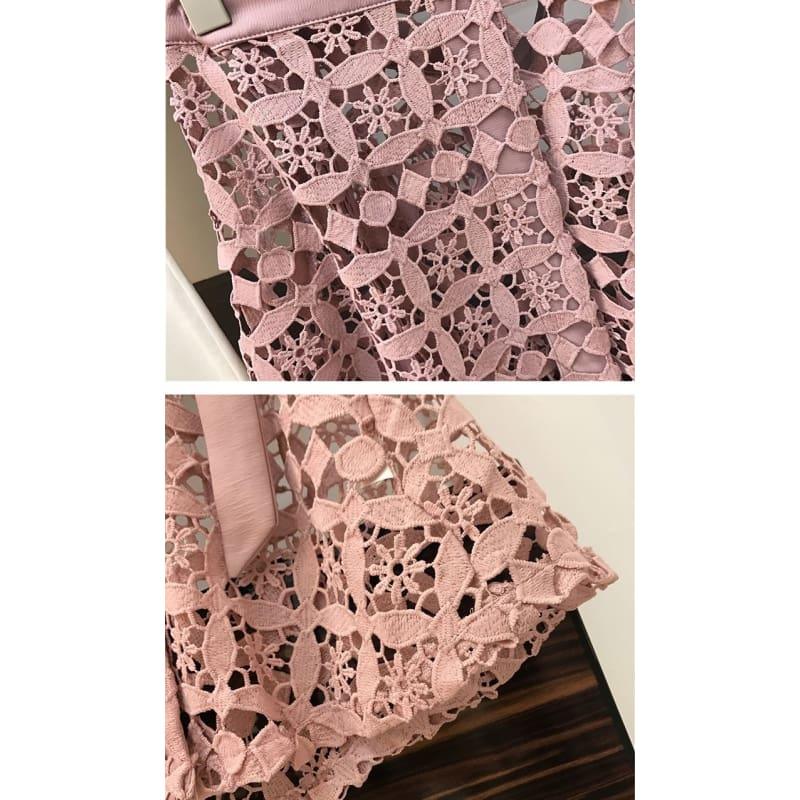 Spring Fashion Twom Piece Off Shoulder Long T Shirt & Hollow Out Lace Skirt Set - Set