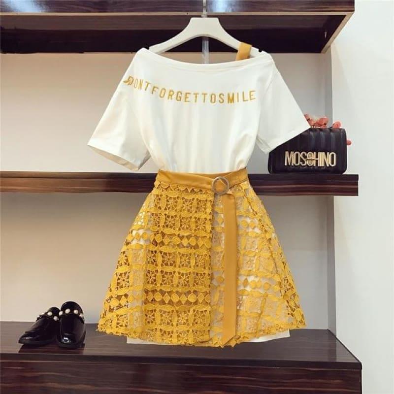 Spring Fashion Twom Piece Off Shoulder Long T Shirt & Hollow Out Lace Skirt Set - Yellow / S - Set