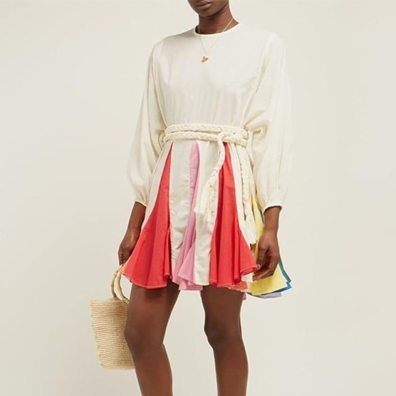 Spring Hit Color Puff Sleeve Casual Vintage Flare Mini Dress - beige / L - Mini Dress