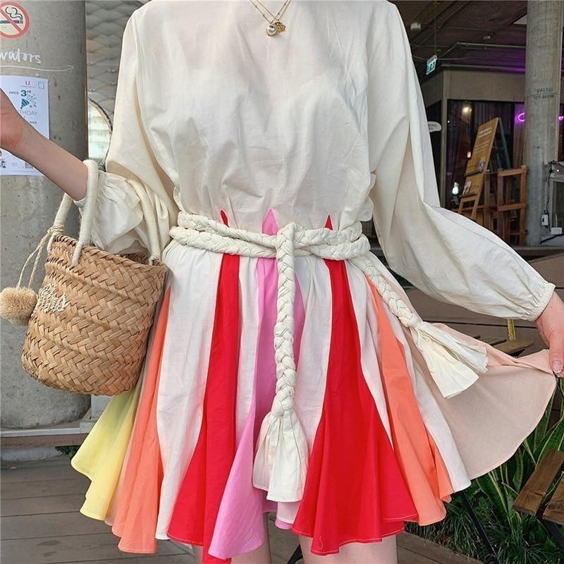 Spring Hit Color Puff Sleeve Casual Vintage Flare Mini Dress - Mini Dress