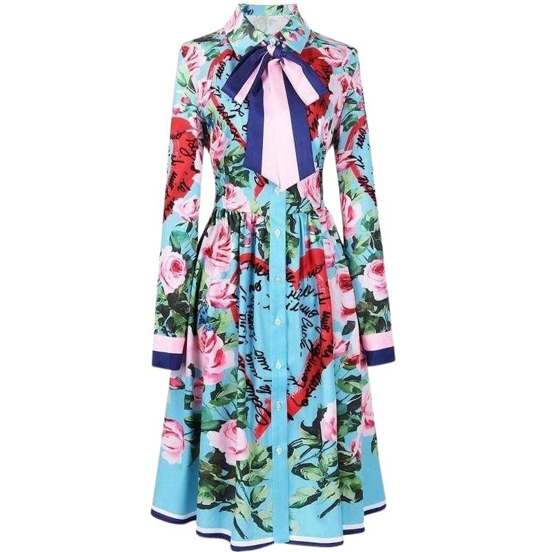Spring Ribbon Rose Letter Heart Floral Print Casual Elegant Midi Dress - Sky Blue / L - Midi Dress