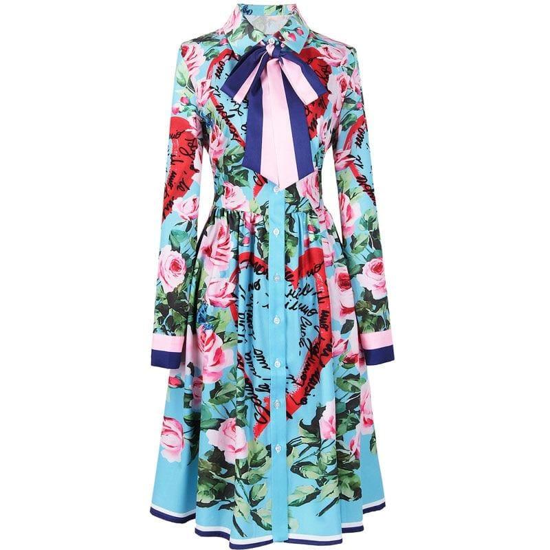 Spring Ribbon Rose Letter Heart Floral Print Casual Elegant Midi Dress - Midi Dress