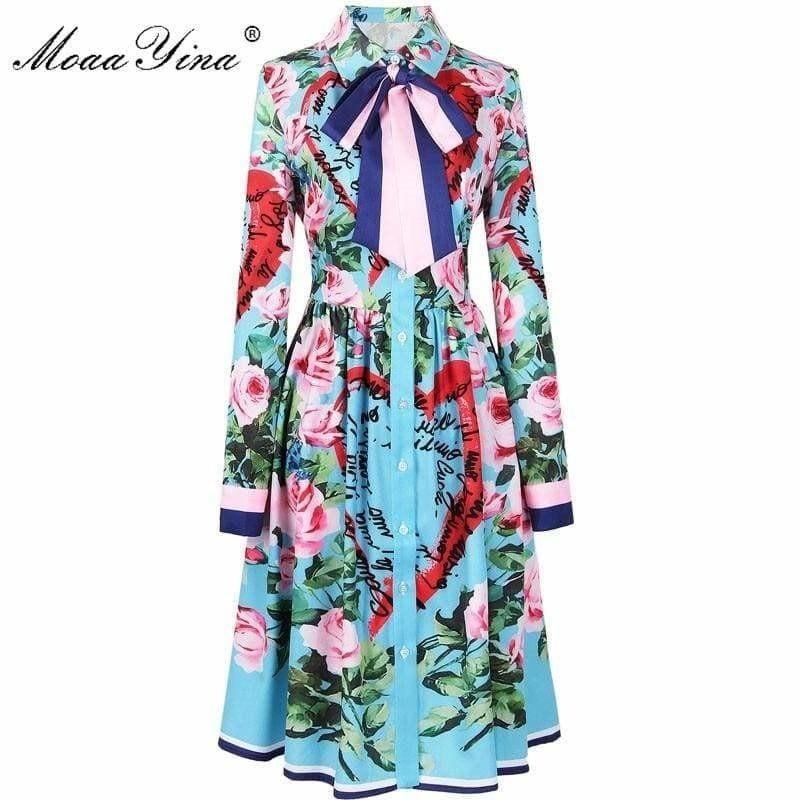 Spring Ribbon Rose Letter Heart Floral Print Casual Elegant Midi Dress - Midi Dress