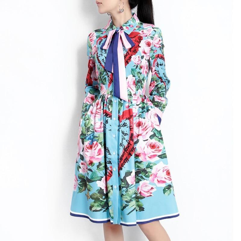 Spring Ribbon Rose Letter Heart Floral Print Casual Elegant Midi Dress - Midi Dress