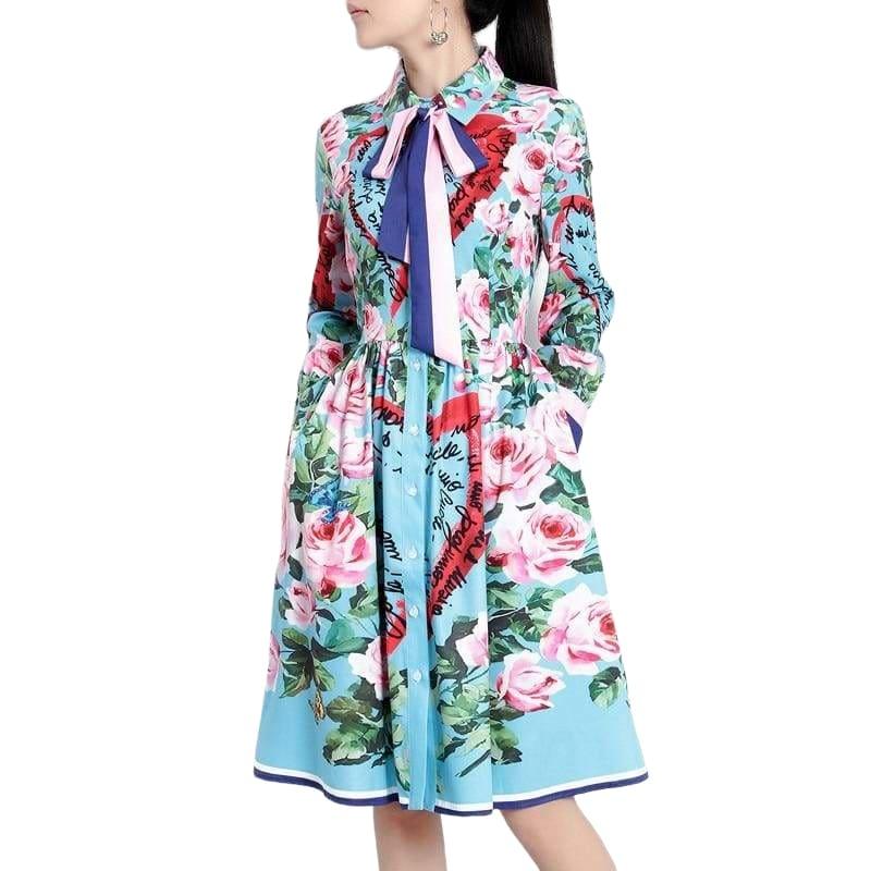 Spring Ribbon Rose Letter Heart Floral Print Casual Elegant Midi Dress - Midi Dress