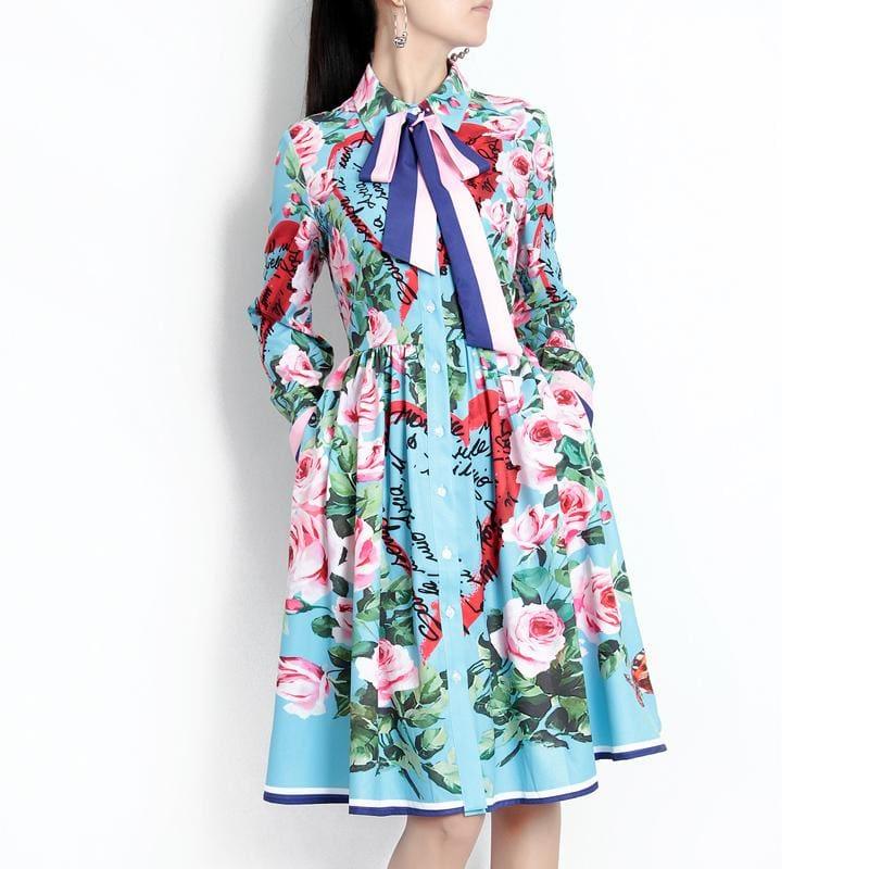 Spring Ribbon Rose Letter Heart Floral Print Casual Elegant Midi Dress - Midi Dress