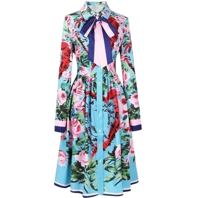 Spring Ribbon Rose Letter Heart Floral Print Casual Elegant Midi Dress - Midi Dress