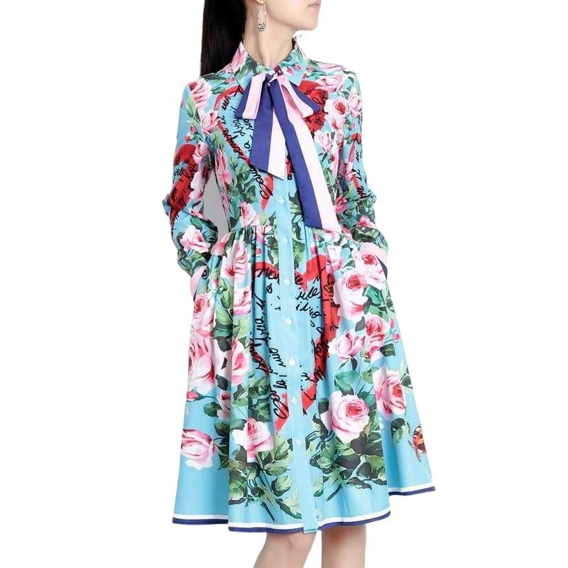 Spring Ribbon Rose Letter Heart Floral Print Casual Elegant Midi Dress - Midi Dress
