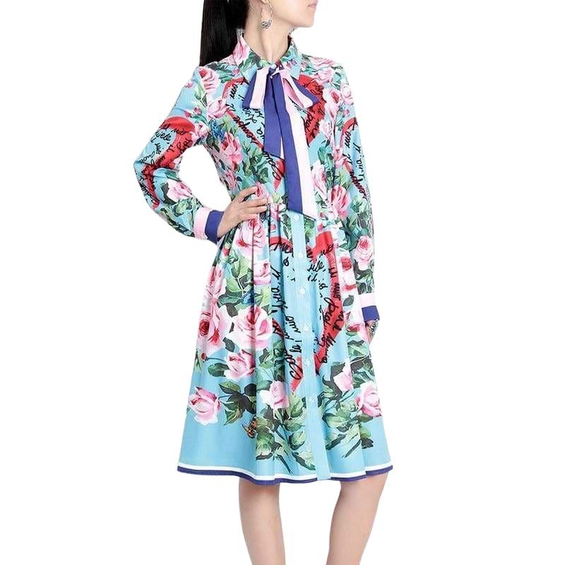 Spring Ribbon Rose Letter Heart Floral Print Casual Elegant Midi Dress - Midi Dress