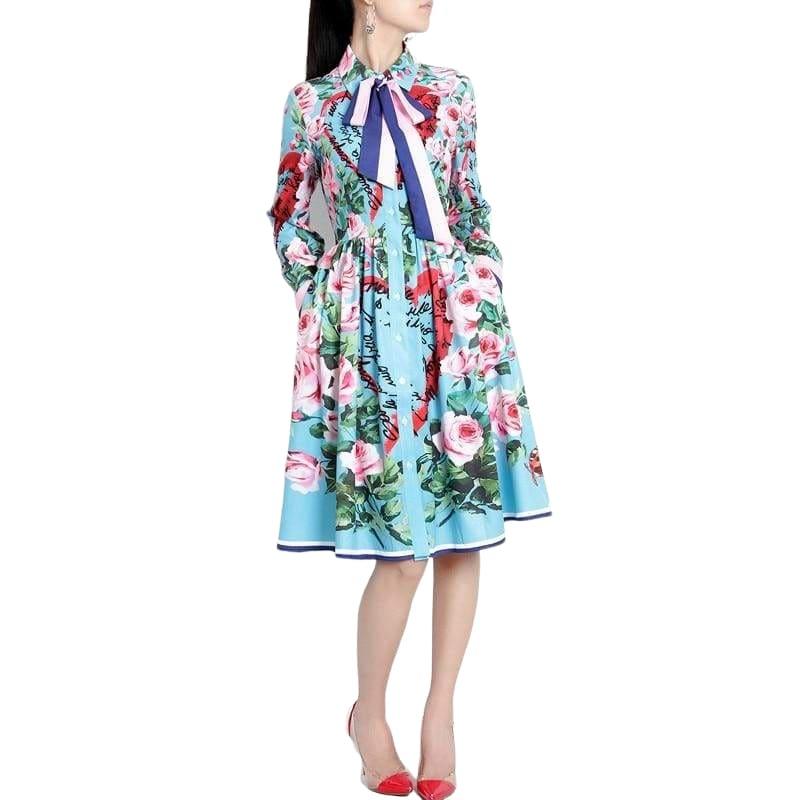 Spring Ribbon Rose Letter Heart Floral Print Casual Elegant Midi Dress - Midi Dress