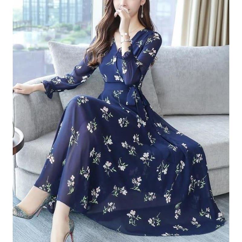 Spring Style Elegant V Collar Long Sleeve Flower Printed Chiffon Maxidress - Blue / M - Maxi