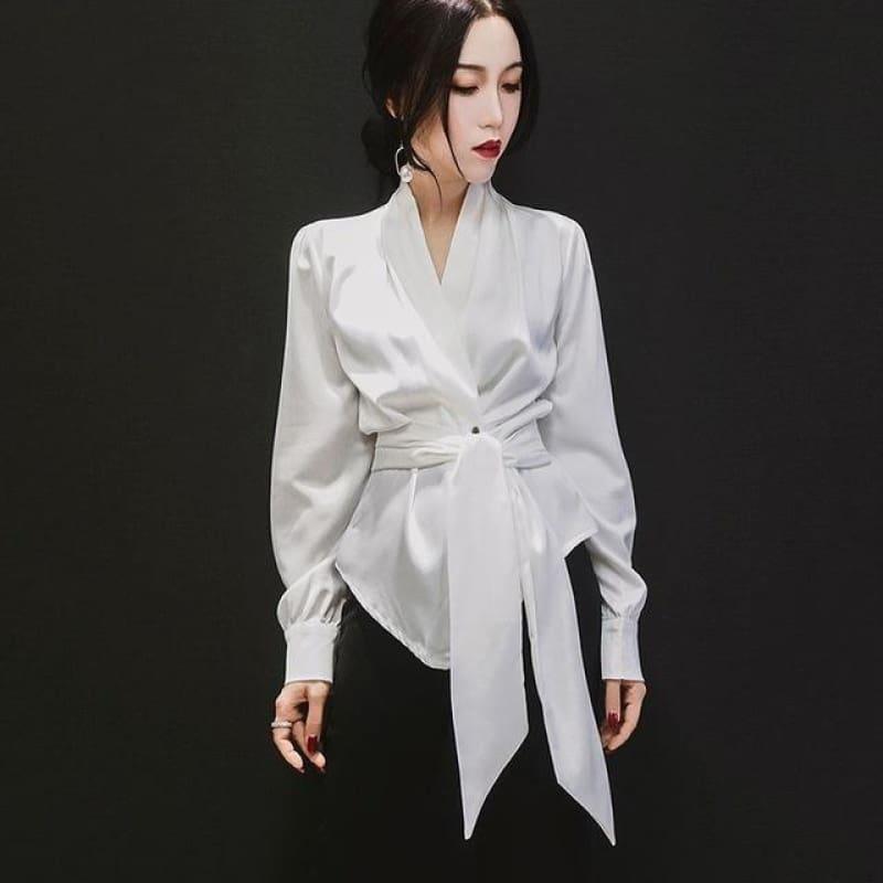 Spring Womens V Neck Long Sleeve Tunic Bowknot Blouse - white / One Size - long sleeve