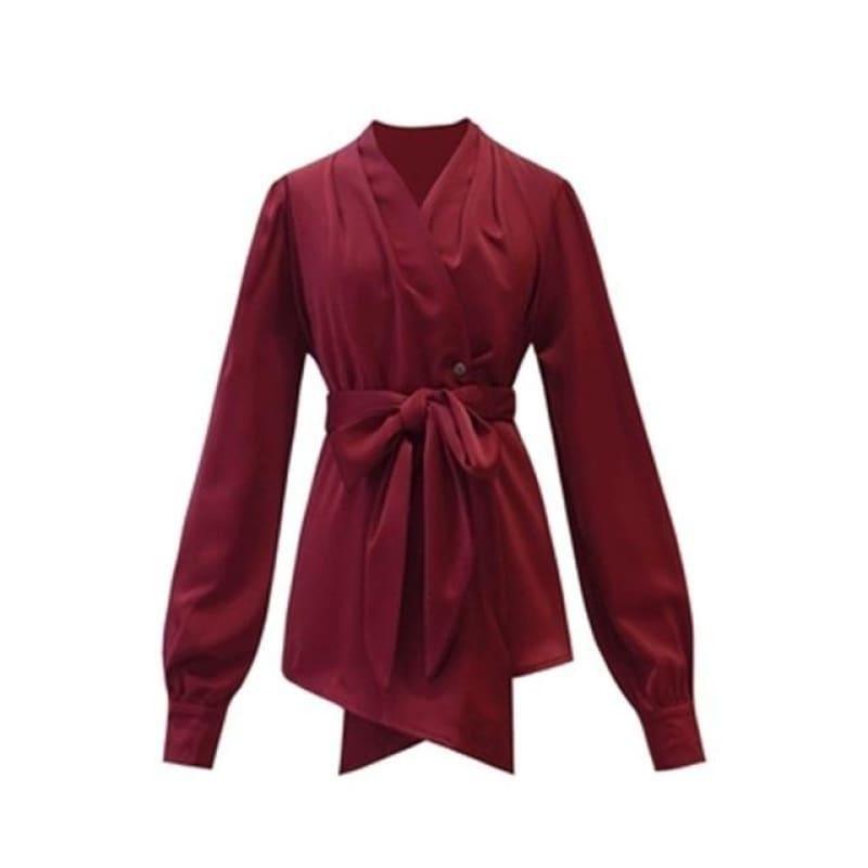 Spring Womens V Neck Long Sleeve Tunic Bowknot Blouse - winered / One Size - long sleeve