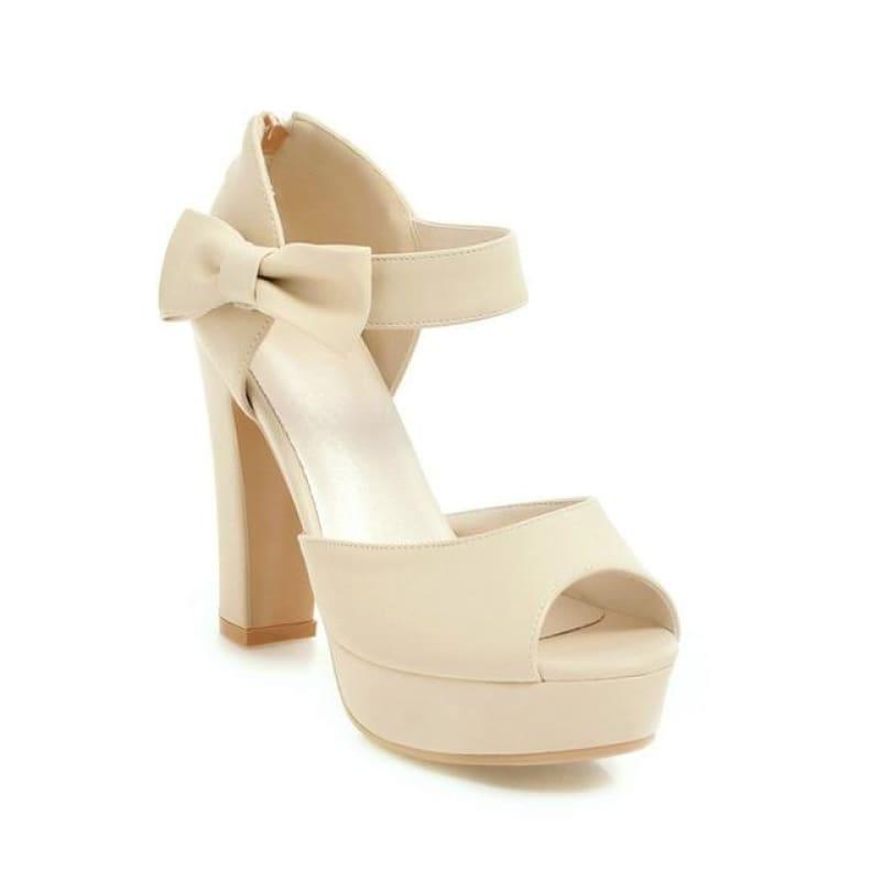 Square Block Heel Leather High Heel Peep Toe Platform Summer Sandals - Apricot / 7 - Sandals