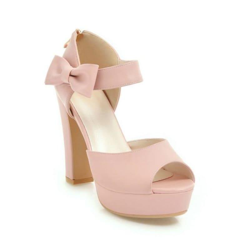 Square Block Heel Leather High Heel Peep Toe Platform Summer Sandals - Pink / 7 - Sandals