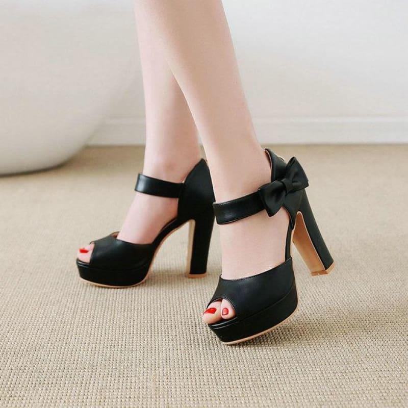 Square Block Heel Leather High Heel Peep Toe Platform Summer Sandals - Sandals