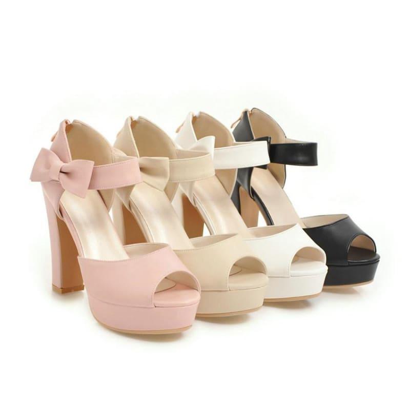 Square Block Heel Leather High Heel Peep Toe Platform Summer Sandals - Sandals