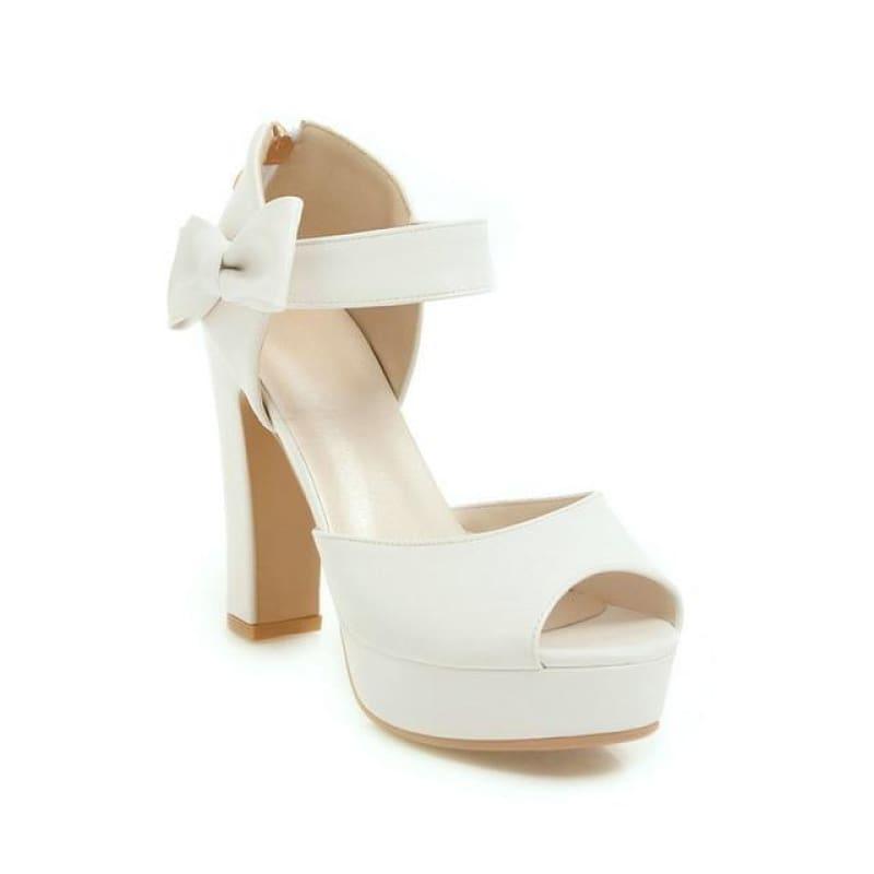 Square Block Heel Leather High Heel Peep Toe Platform Summer Sandals - White / 7 - Sandals