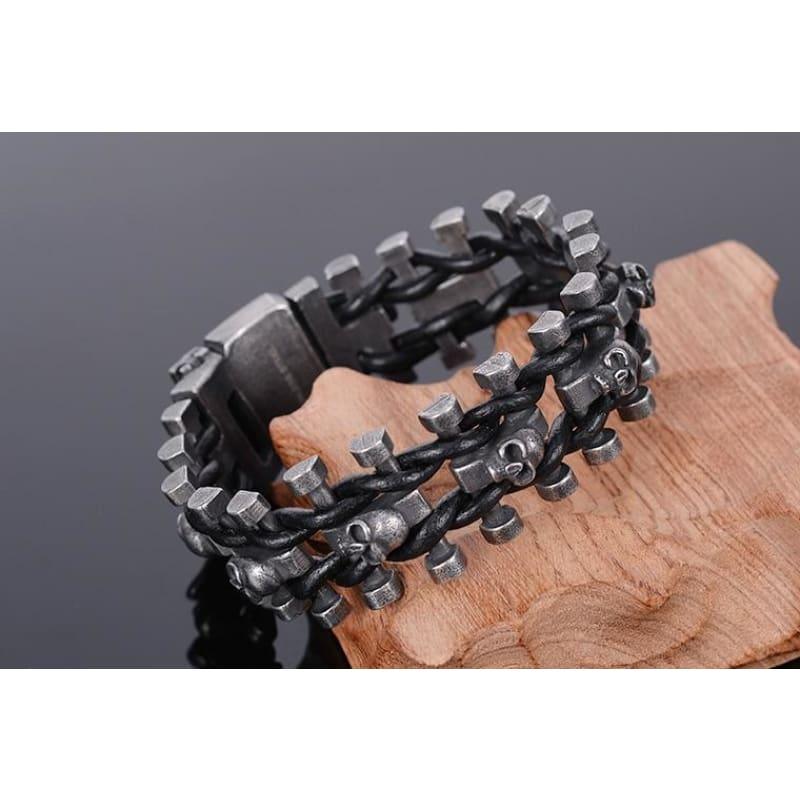 Stainless Steel & Leather Skull Mens Bracelet - Men