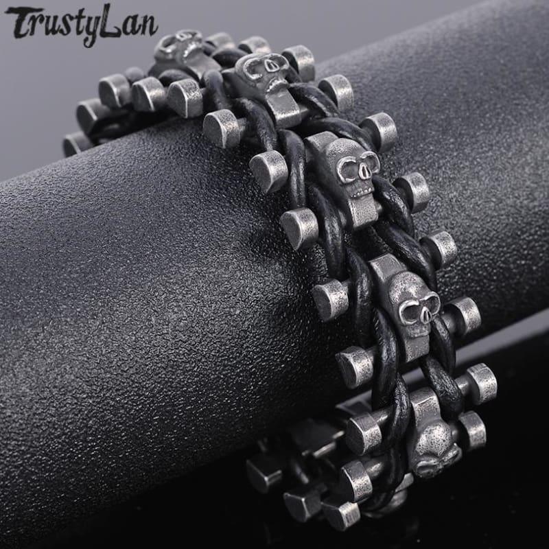 Stainless Steel & Leather Skull Mens Bracelet - Men