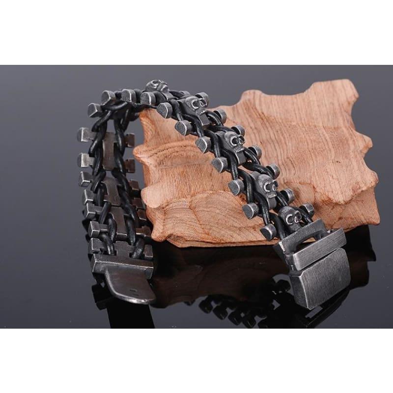 Stainless Steel & Leather Skull Mens Bracelet - Men