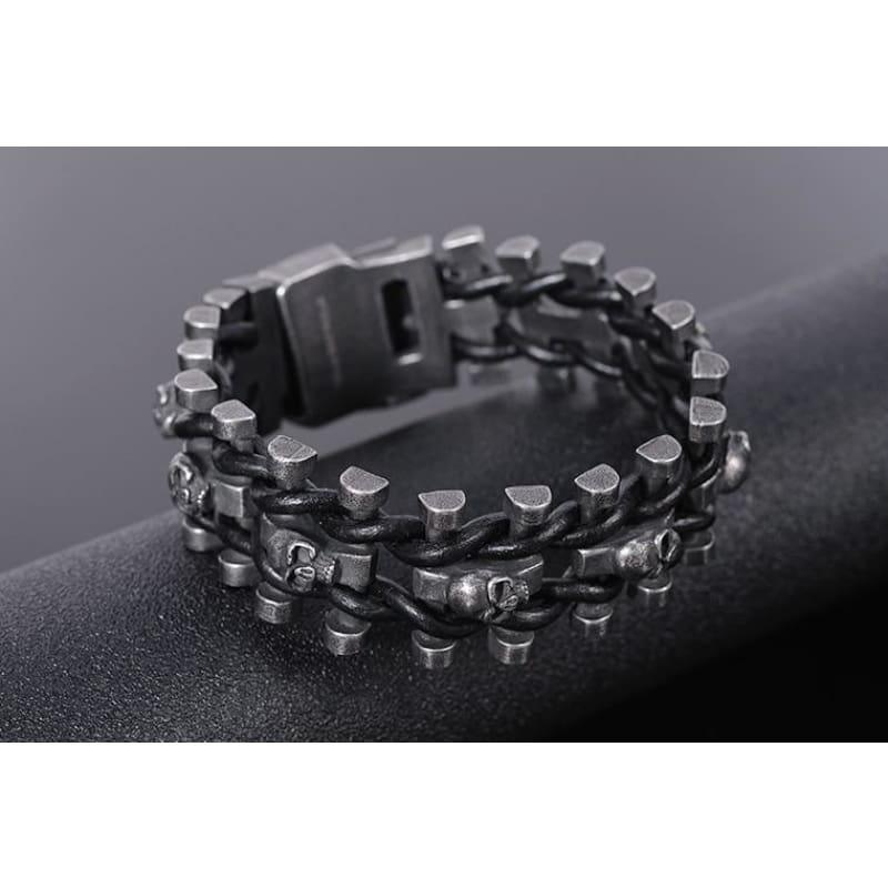 Stainless Steel & Leather Skull Mens Bracelet - Men