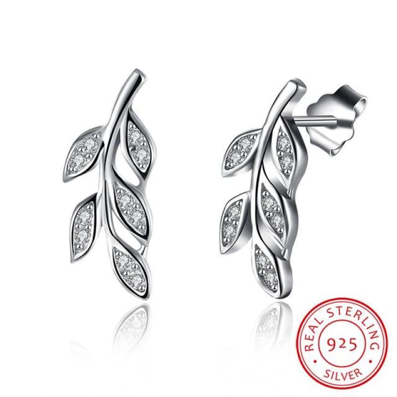 Sterling Silver Cubic Zirconia Leaf Stud Earring - Rhodium Plated / China - Earrings