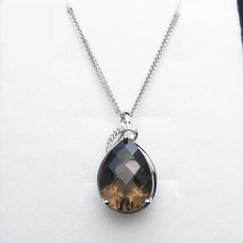 Sterling Silver Smoky Quartz Pear 12*16mm Checkboard Cut Pendant Gemstone Necklace - Brown - Necklace