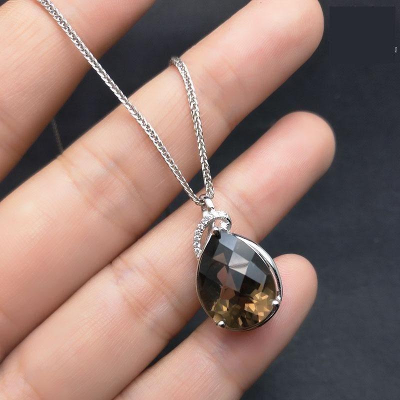 Sterling Silver Smoky Quartz Pear 12*16mm Checkboard Cut Pendant Gemstone Necklace - Necklace