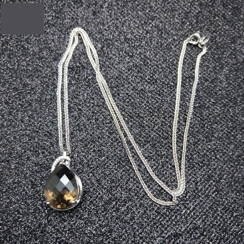 Sterling Silver Smoky Quartz Pear 12*16mm Checkboard Cut Pendant Gemstone Necklace - Necklace
