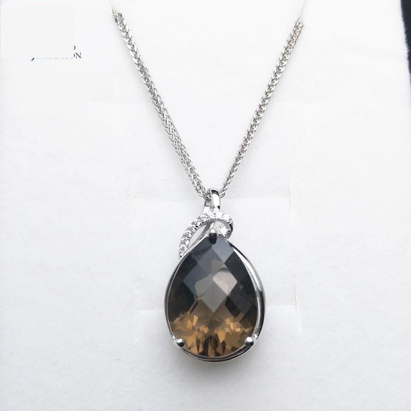 Sterling Silver Smoky Quartz Pear 12*16mm Checkboard Cut Pendant Gemstone Necklace - Necklace