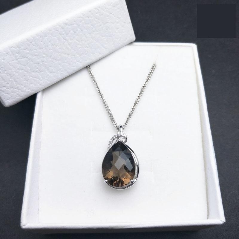 Sterling Silver Smoky Quartz Pear 12*16mm Checkboard Cut Pendant Gemstone Necklace - Necklace